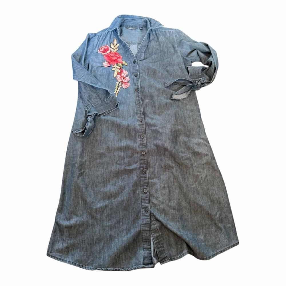 Millie Gabrielle Embroidered Denim Shirt Dress Button Front Midi Dress - Picture 3 of 5